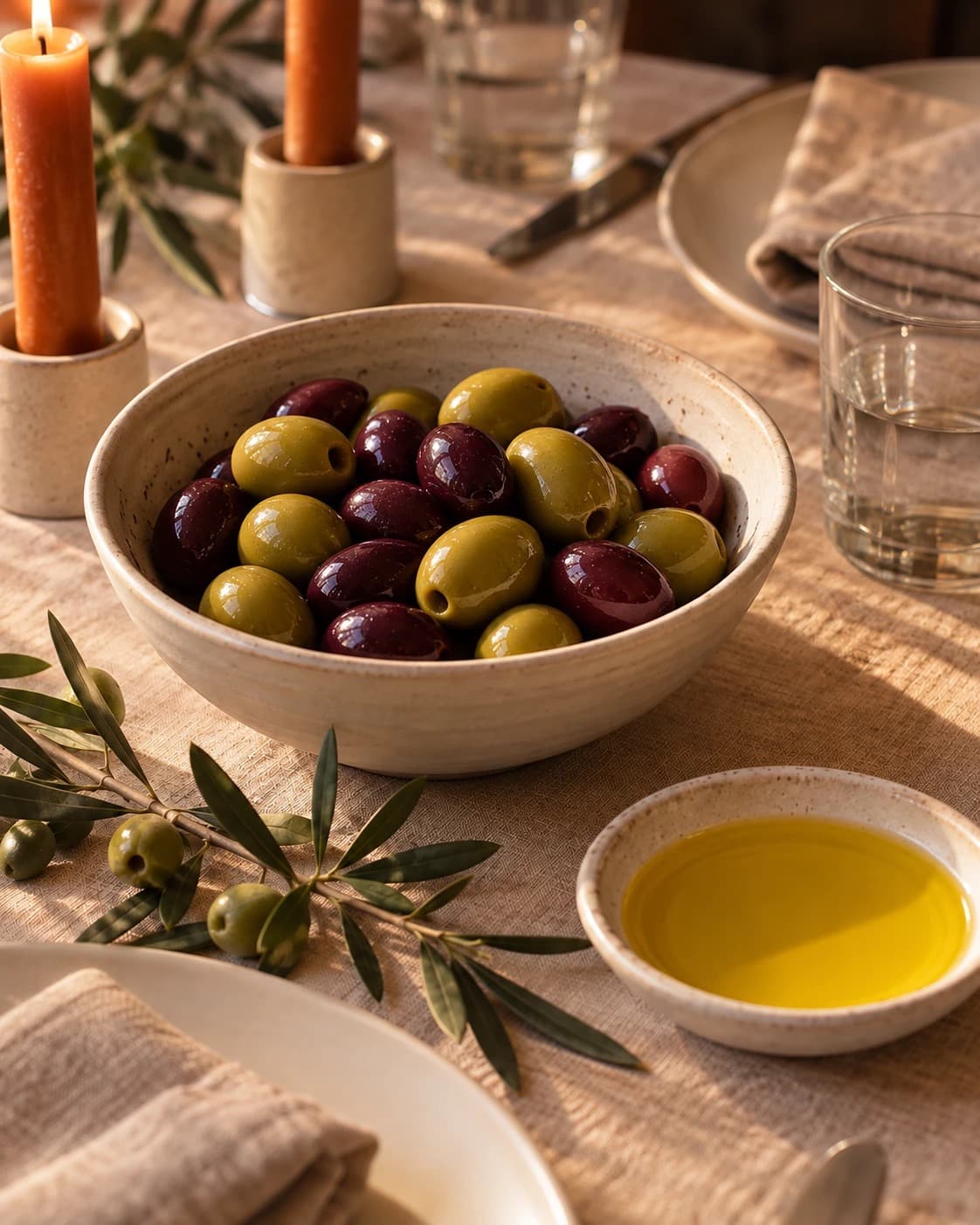 A ceramic bowl of green and dark olives beside a small dish of olive oil and an olive branch on a linen tablecloth.