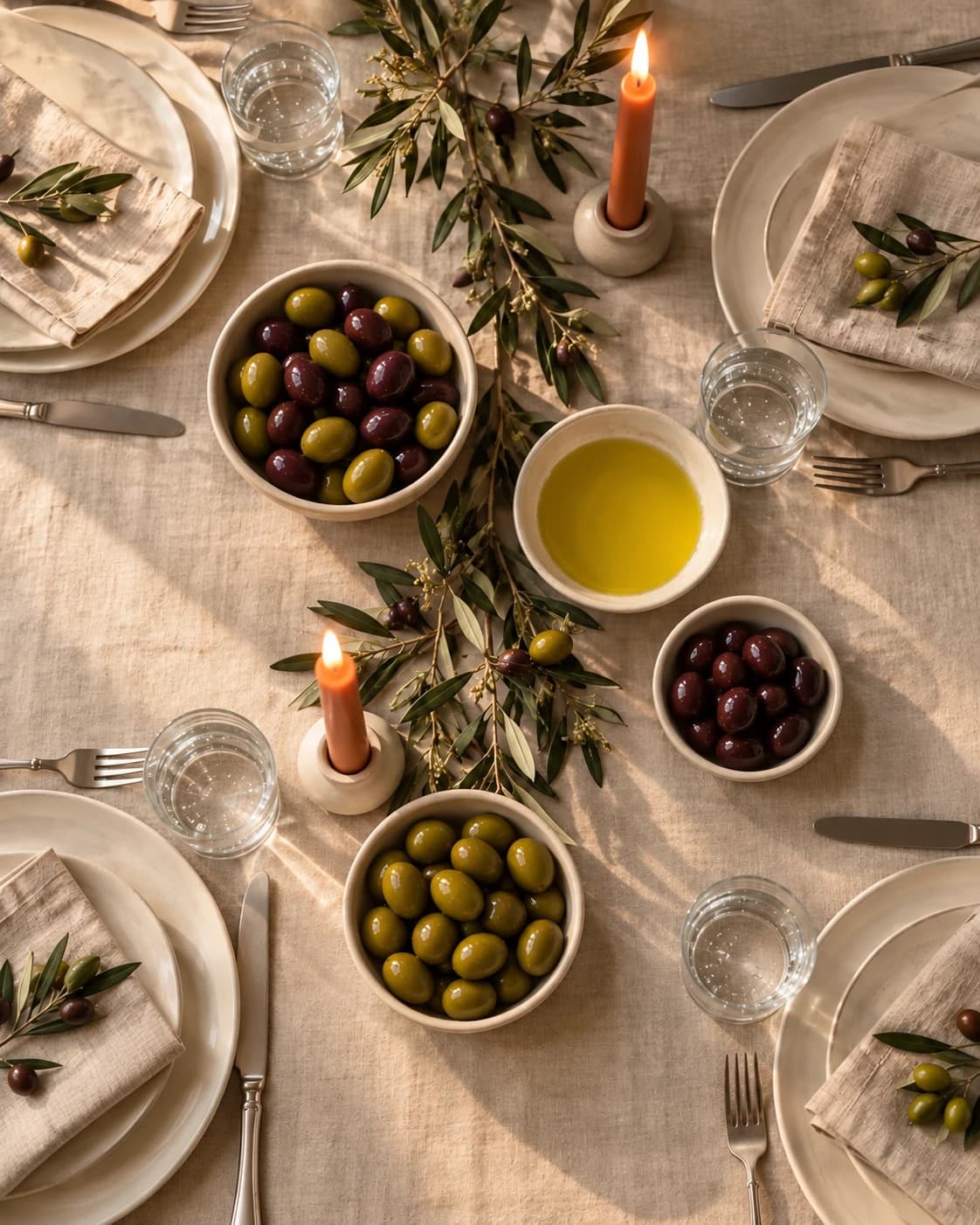 A linen-covered table set for In Season: Olives, with bowls of green and dark olives, olive oil, olive branches and lit candles.