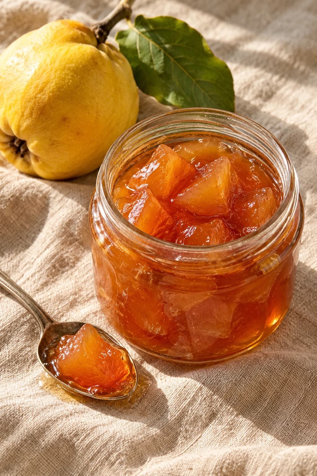 A glass jar of amber quince jam with a spoonful beside it and a whole quince on a linen cloth.