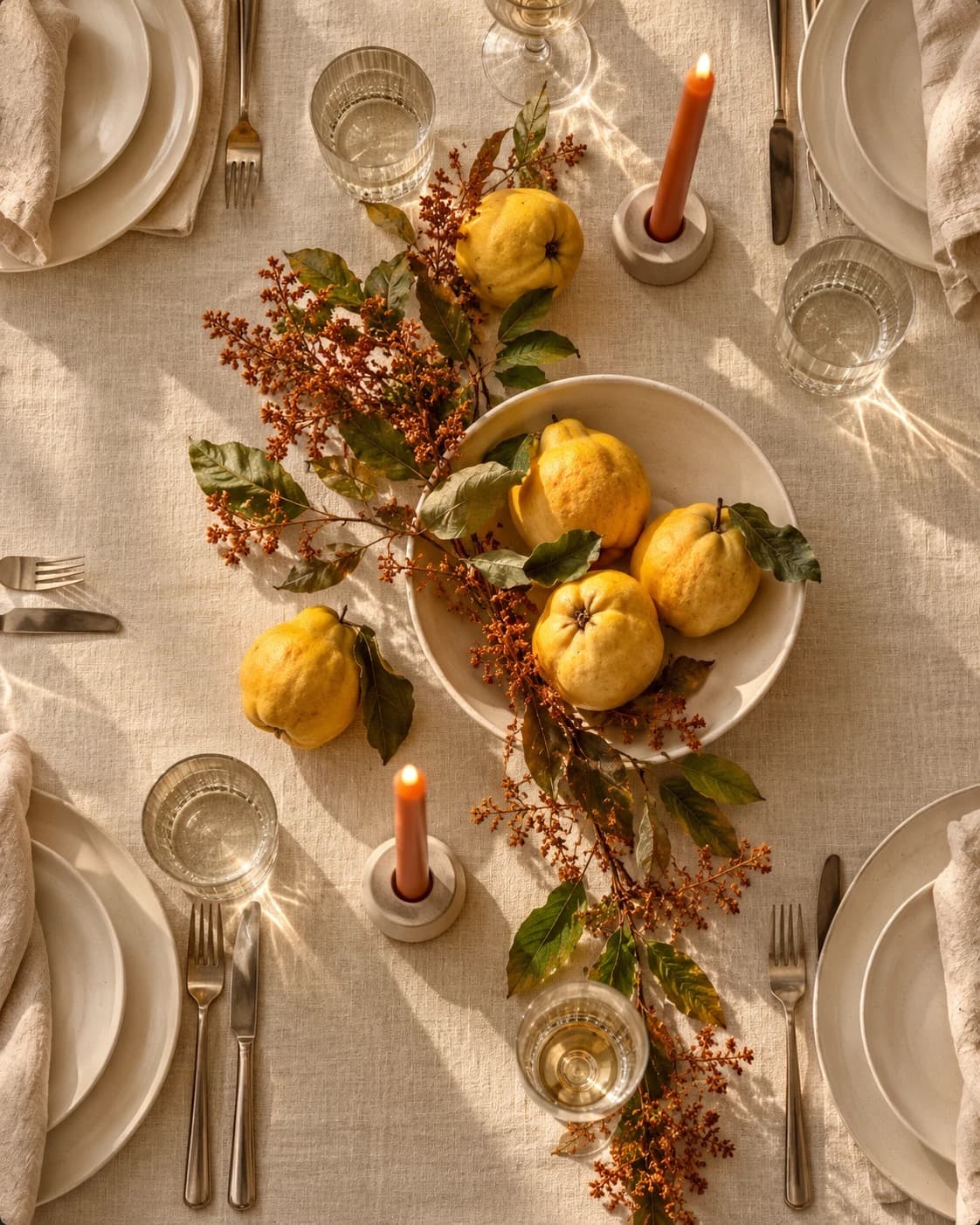 A linen-covered table set for In Season: Quince, with quinces in a ceramic bowl, autumn branches, glassware and lit candles.