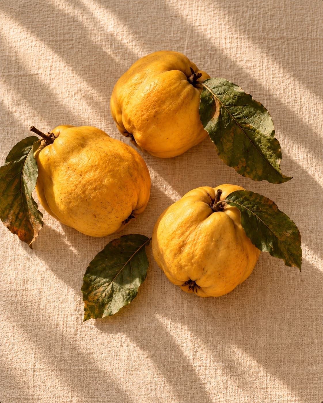 Three ripe quinces with their leaves on a linen tablecloth in warm afternoon light.