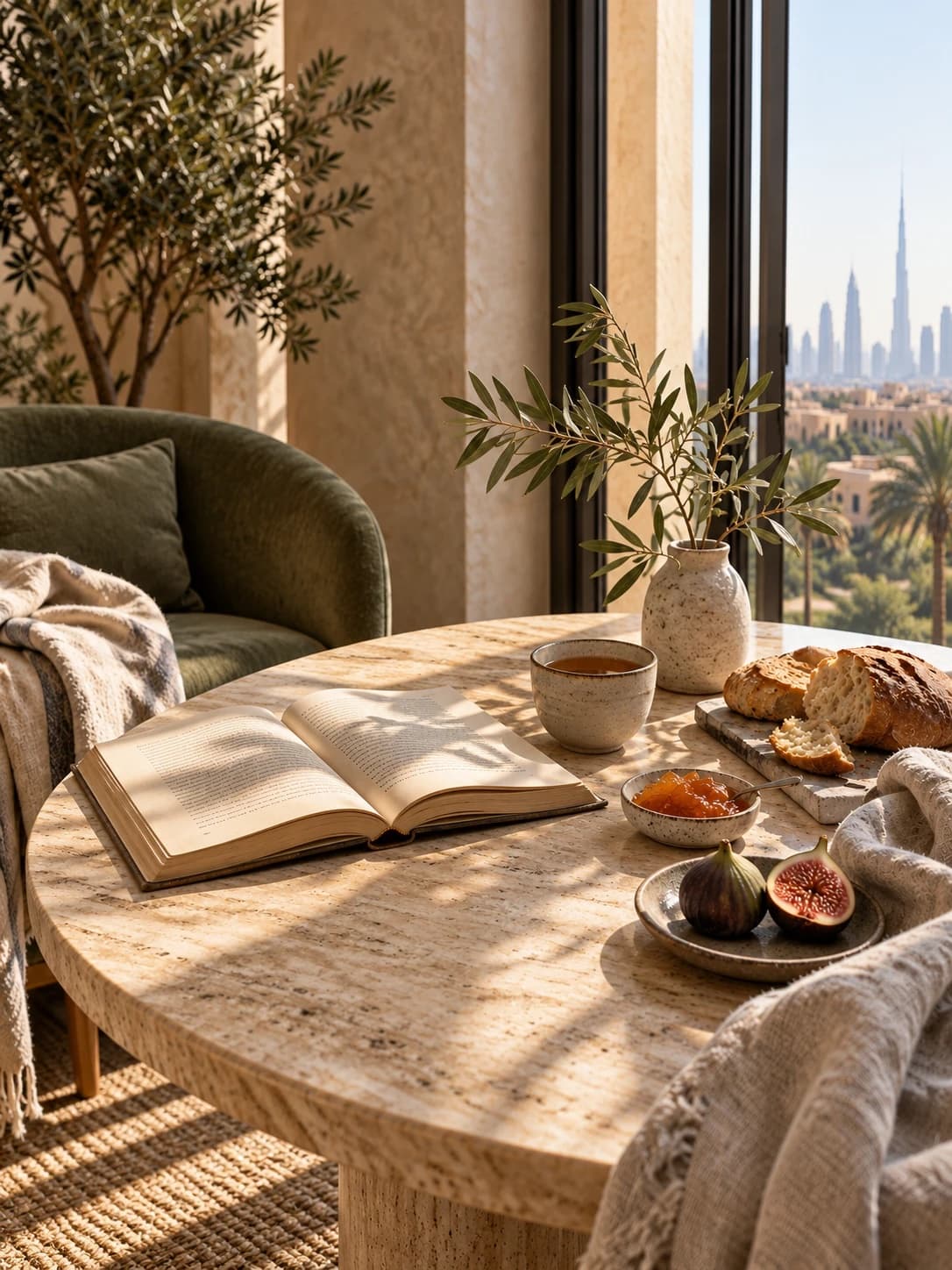 An open book, a cup of tea, figs, jam and fresh bread on a travertine table by a sunny window looking out over Dubai.